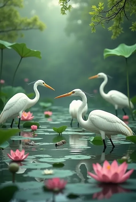 White herons feed on fish in lotus pond