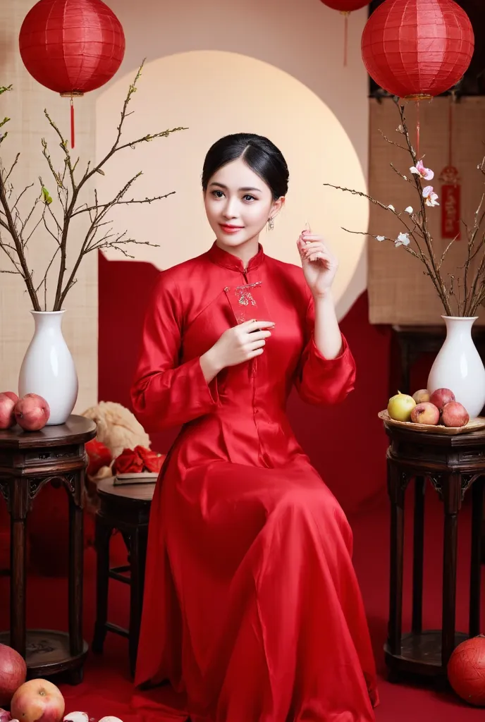 mymy, a high-fashion editorial shot of a lisamy dressed in a vibrant red silk ao dai with exaggerated, stylized sleeves and a dr...