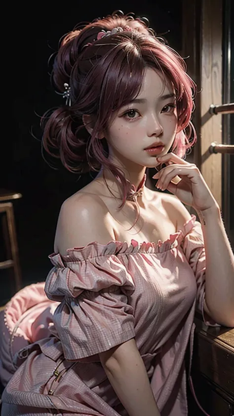 Best Quality, Masterpiece, Ultra High Resolution, (Realisticity: 1.4), Original Photo, 1girl, Chinese hair style, Pink Off-the-Shoulder, Cinematic Lighting