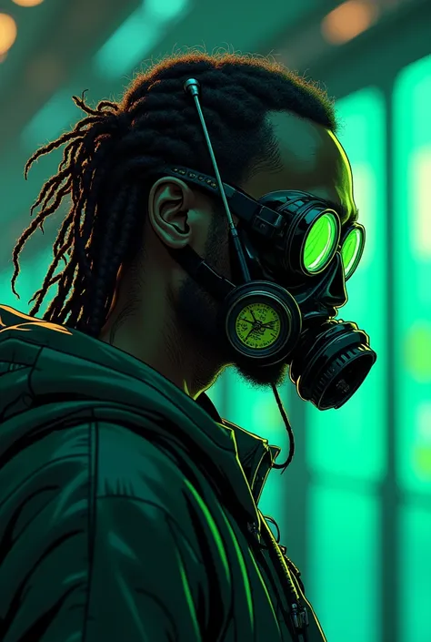 1 cyborg, man, middle age, afrodescendant, Alone,  high resolution, Nago long hair braids, neon green eyes , Neon green hair,  with your mouth shut,   braids hair holding spray can of paint,  Lines of motion,  lens reflection , Backlighting,  Anatomically ...