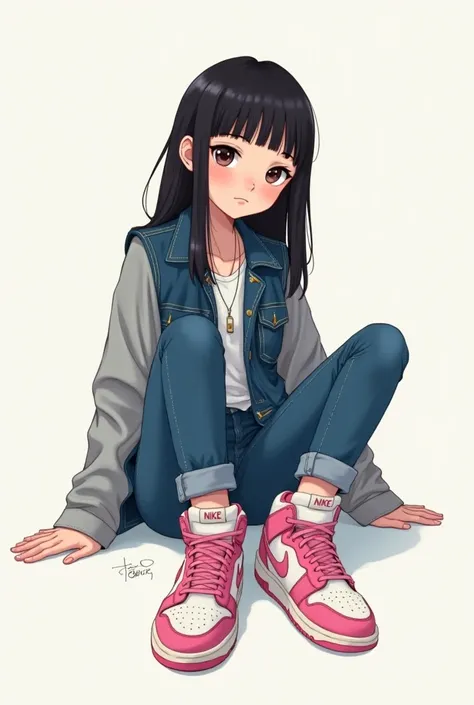 short height girl triangular face big forehead long black straight hair wearing denim pants denim jacket with gray sleeves sat on the floor and showing off her nike white pink dunk high top sneakers digital drawing 