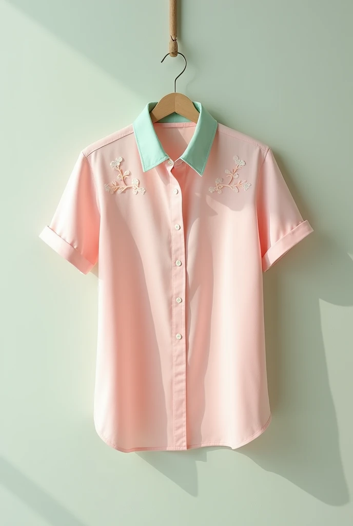 Create a photo of a long sleeve collared shirt for both men and women: light pink shirt with light green collar and light green buttons with light pink flower