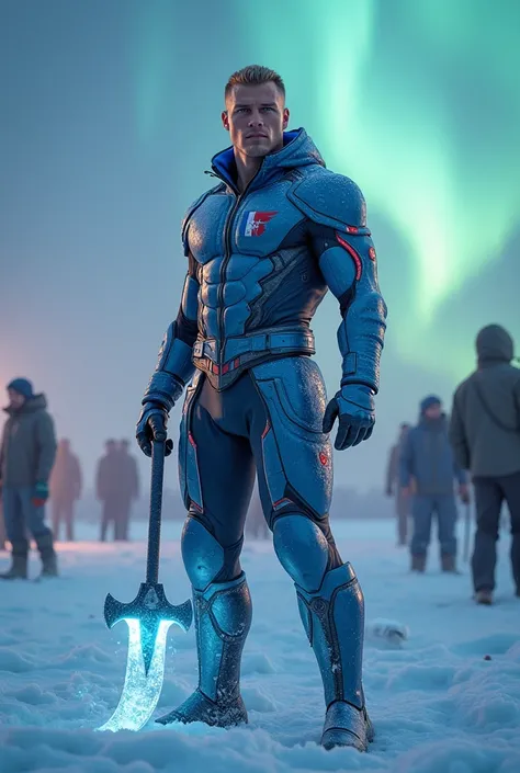 A hyper-realistic male superhero representing Russia, standing in a frozen Siberian tundra under a twilight sky. His face is ruggedly handsome with short, blond, closely-cropped hair and piercing icy-blue eyes. His muscular and athletic body is clad in a s...