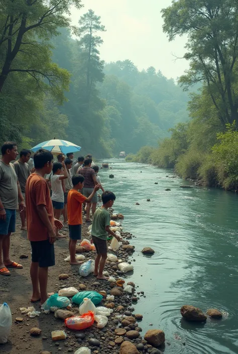 :  A group of people throwing garbage into the river, not realizing the consequences .