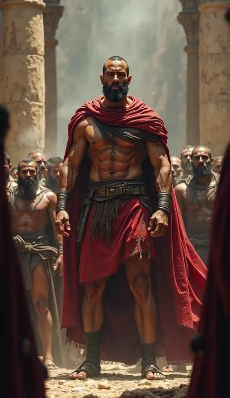 Roman slave in front of his companions , speaking passionately ,  while his followers look at him with a mixture of fear and courage, ready for battle.