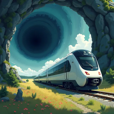 fantasy illustration art, ultra-modern train running through space, tunnel entrance that resembles black hole, gentle rural landscape after exiting the tunnel, seamlessly transitioning from space to rural scenery, train from another dimension, BREAK master...