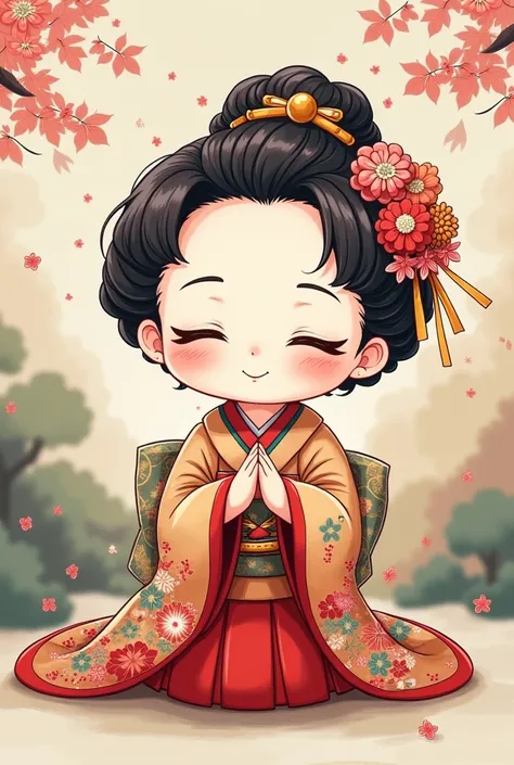 Make an oiran and thank you for your presence in ojigi style ( curving since they are Japanese ) And the cartoon is Chibi 