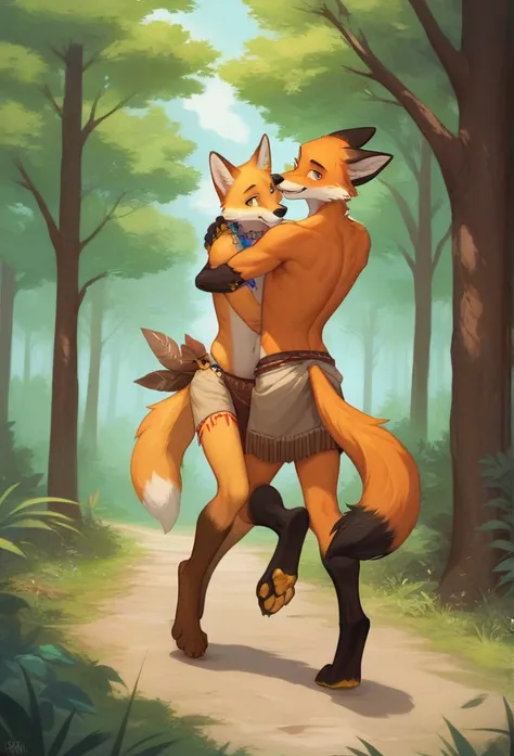 Male, anthropomorphic, fox, stripes, gold nails, forest, athletic, ultra realistic, gold pawpads, cloth, tribal, leaning on tree, back facing viewer, hugging tree, leg up, coy, skinny, runner, trying to hypnotize viewer with soles of paws, looking at viewe...