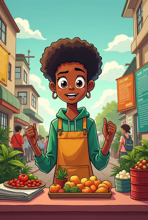 The cartoon could depict a student organizing a fair trade campaign at their school, highlighting the consumption of ethically sourced products.