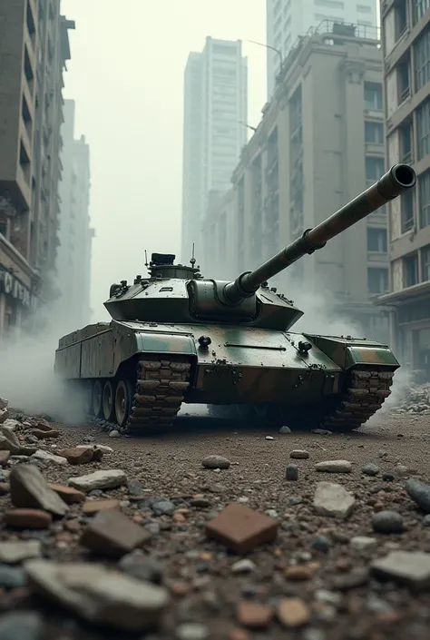 A 21st century tank ,rides through the ruins of a building (Laura:T72)