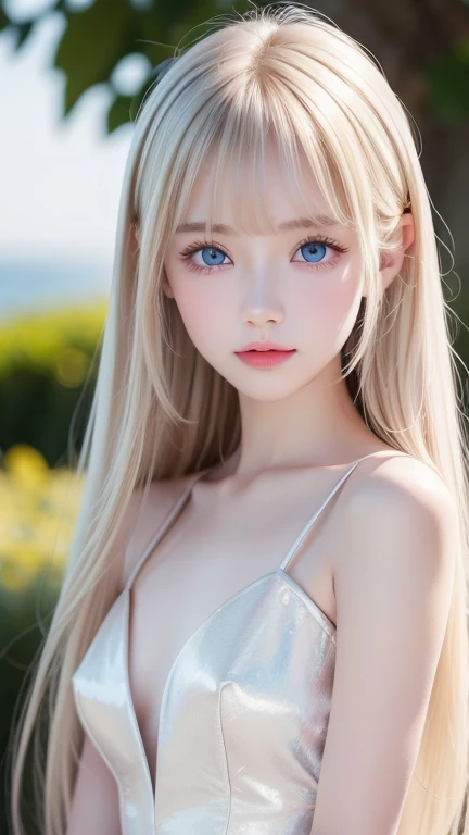  portrait、very white high school girl、Young, white, shiny skin 、Best Looks、Blonde Reflected Light 、 Platinum Blonde Hair with Dazzling Highlights 、Shiny bright hair、super long silky super long straight hair、Shiny, beautiful bangs、 sparkling crystal clear a...