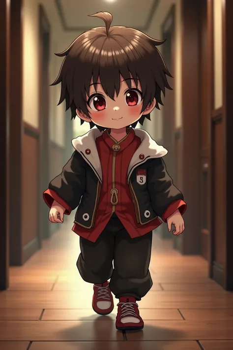  baby, 9 months ,  white skin ,  brown hair,  dark eyes, Kimetsu no Yaiba costumes are coming,   best quality, 8k, Photographic realism, Warm colors,  super detailed.Super smile、Walking down the hallway、Real like the real thing 