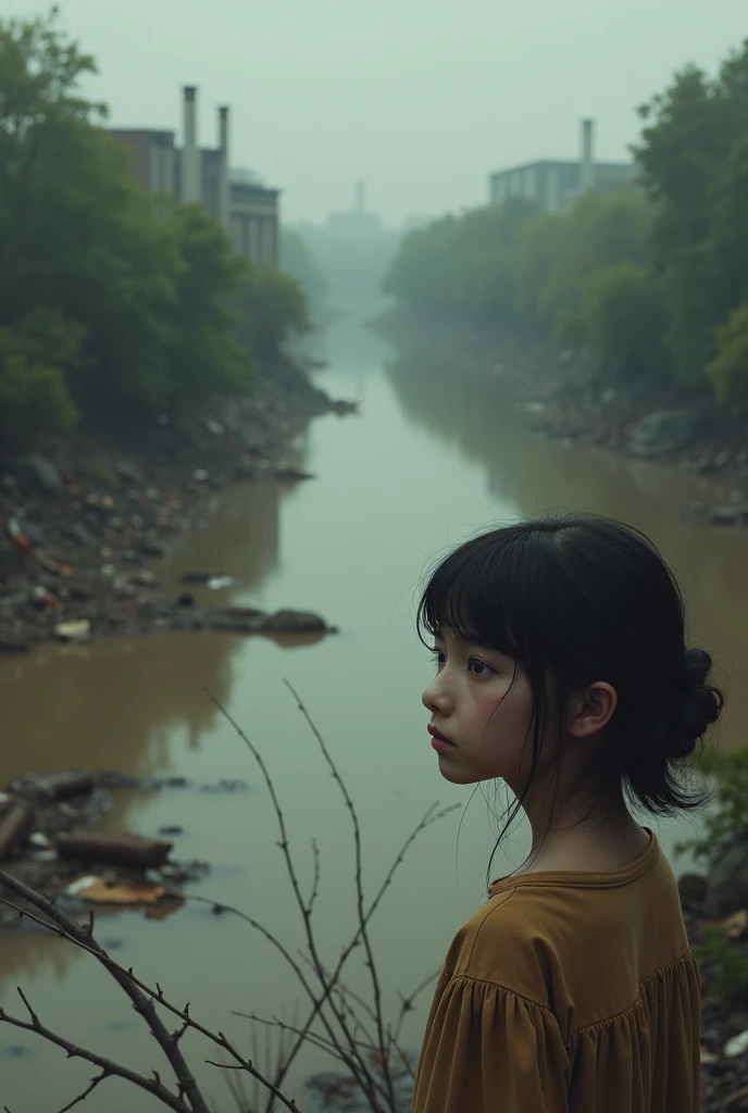 A young woman named Clara looks at the dirty river and feels worried..