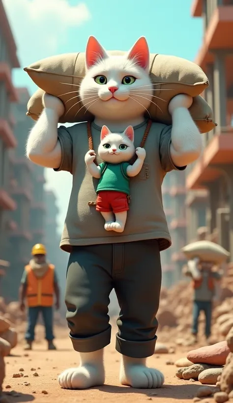 cinematic 3D style, HD image, realistic image and colourful image
Character,a fit body Johnny big white long cat wearing grey shirt and black pant,
Character,A baby cat wearing a green shirt and red shorts
Action,Johnny Big Cat has tied the baby cat with a...