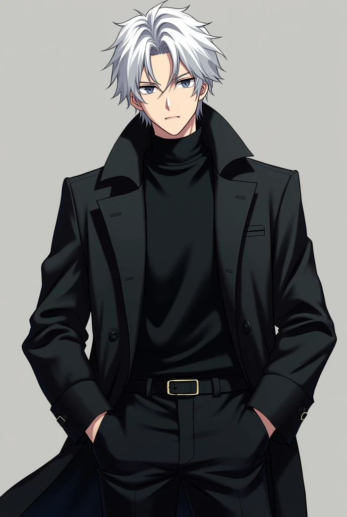  in anime style. An adult white-haired boy wore a black overcoat and black pants., He had his hands in the pockets of his overcoat ,  with a serious expression with his gray eyes .