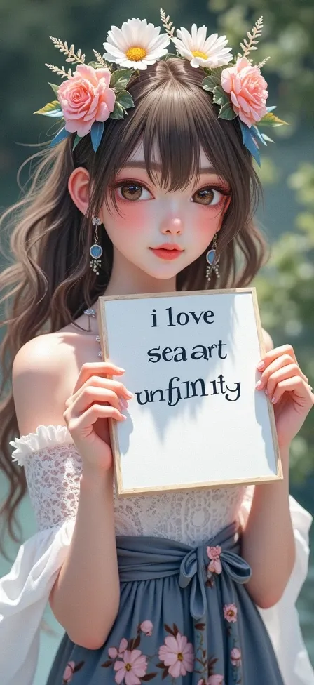 Beautiful girl with wavy long hair, bohemian dress, holding a white board with text "I Love Seaart Infinity" and showing it to the viewer