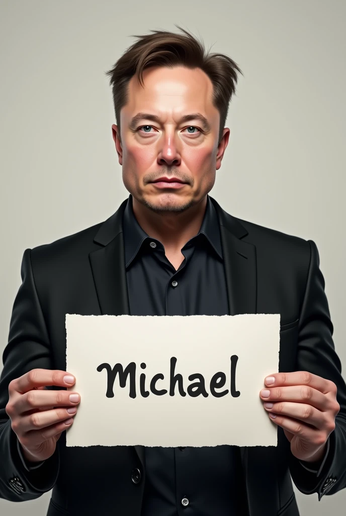 Elon musk holding a piece of paper written Michael on it 