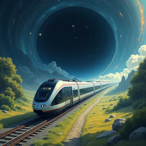 fantasy illustration art, ultra-modern train running through galaxy space, tunnel entrance that resembles black hole, gentle rural landscape after exiting the tunnel, seamlessly transitioning from space to rural scenery, train from another dimension, BREAK...