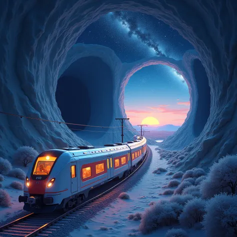 fantasy illustration art, ultra-modern train running through galaxy space, tunnel entrance that resembles black hole, gentle rural landscape after exiting the tunnel, seamlessly transitioning from space to rural scenery, train from another dimension, BREAK...