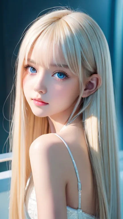 portrait、very white high school girl、young, white, shiny skin 、best looks、blonde reflected light 、 platinum blonde hair with daz...