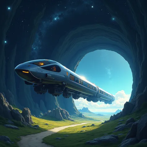 fantasy illustration art, ultra-modern train running through galaxy space, tunnel entrance that resembles black hole, gentle rural landscape after exiting the tunnel, seamlessly transitioning from space to rural scenery, train from another dimension, BREAK...