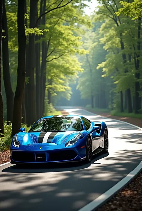 Wallpaper of a blue and gray Ferrari sports car on a road with trees 