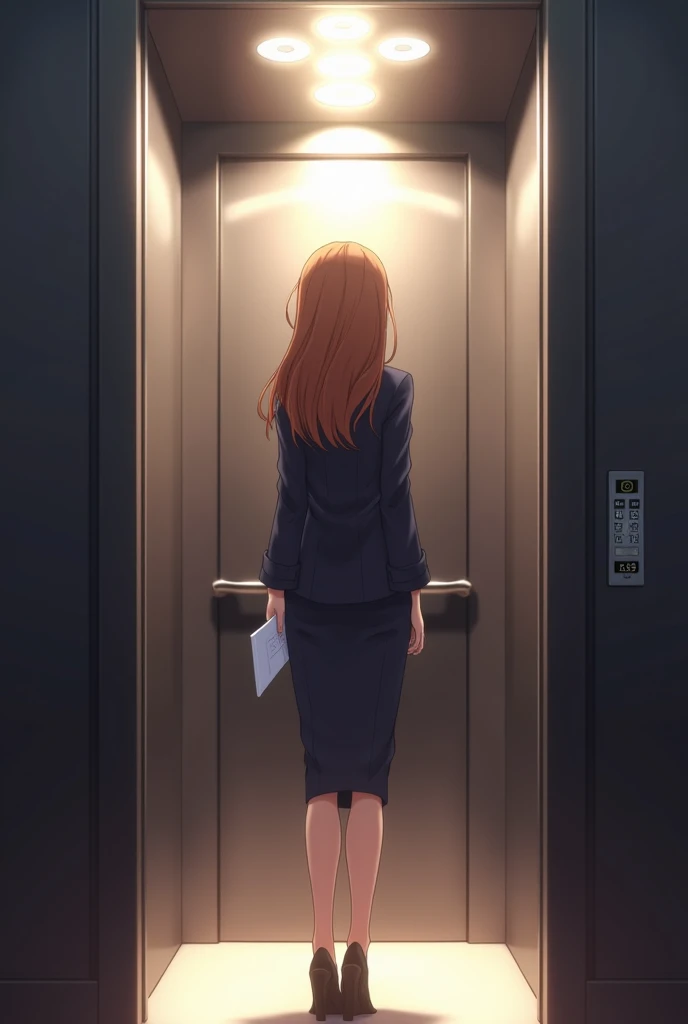  A beautiful woman is standing in the elevator . Bright lighting and modern decor .  theres a beautiful woman in the elevator ,  in a smart, well-dressed business suit、 full of confidence with paperwork . She looks at the floor number button and knows 、 sh...