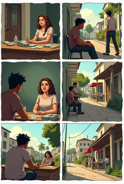 comic de 6 viñetas con estas escenas White woman,  brown hair and green eyes sits at a table in her house , with bills and beads stacked . His expression is worried.
White woman, pelo marron y ojos verdes camina por la calle y ve a un white man,  black hai...