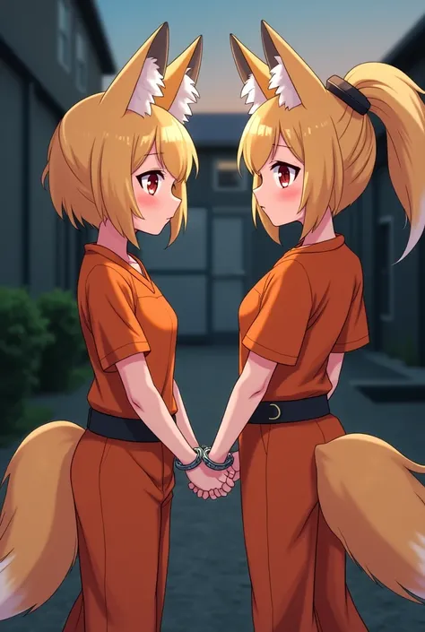 twin females prisoner, light blond short ponytail hair , black fox ears , orange fox tail, No human ears, red eyes, Transport Belt, handcuffs, prison clothes, orange jumpsuit, looking at viewer, standing, talking together, prison backyard, evening time, an...