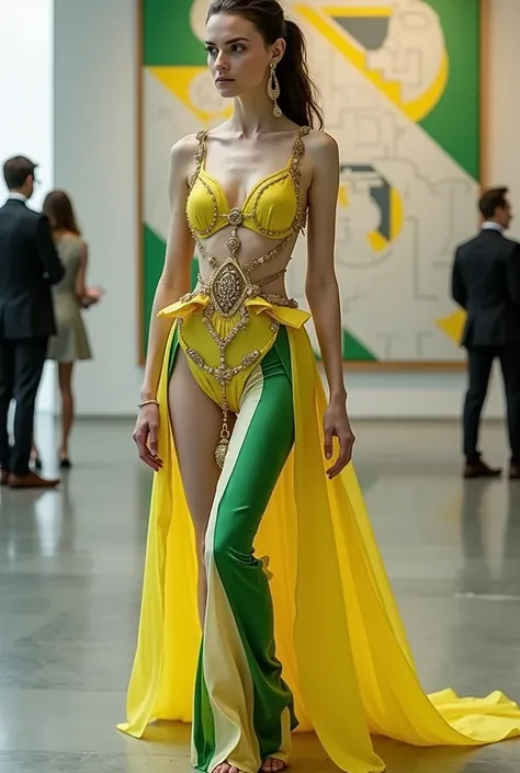 beautiful thin woman,  dressed in a yellow dress , green, White, details in gold,   geometric print with balls and rectangles arranged in an irregular shape, bold and futuristic cut ,  transparencies and fluidity ,  lines that intersect vertically and hori...