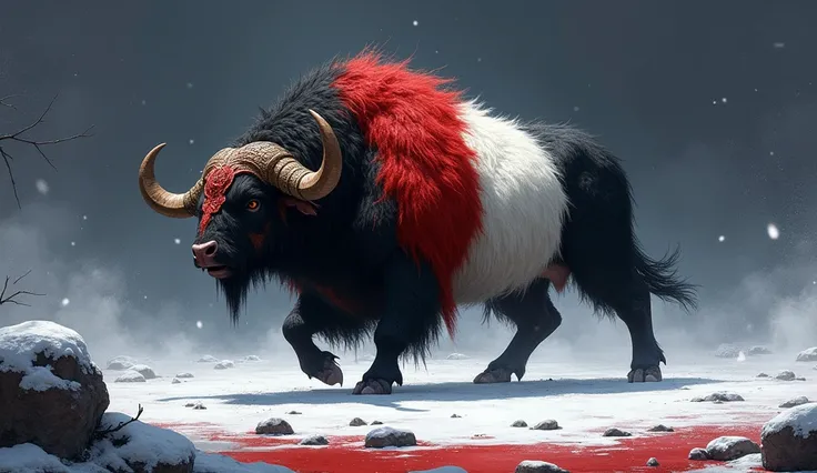 big fantasy Bovid creature. Black, red and white fur, Big Hairy Herbivore, Herd Animal, Tribal Fantasy, Farm Animal, Black And Red Snow, Black Snowy Background 