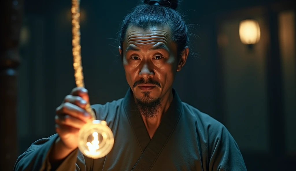 "An Asian Taoist master, Tich, explaining the price that must be paid for using the rope. His face is stern and wise. The surroundings blur into darkness, leaving only Tich and the glowing rope in focus. Dramatic lighting, soft focus on background. The atm...