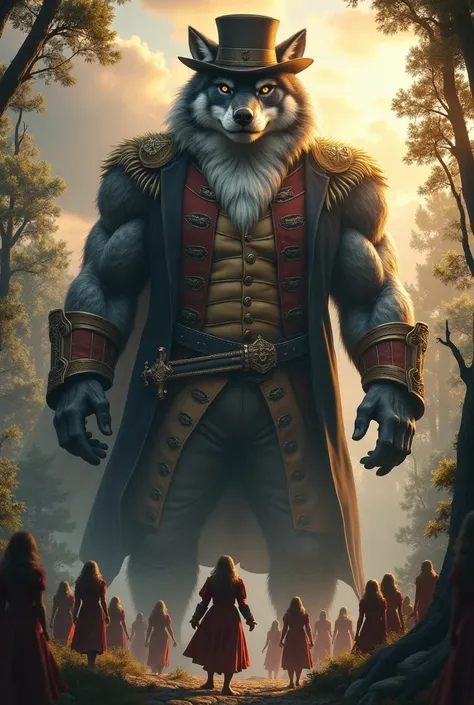  An epic setting set in TURKEY ,  with architecture of A FOREST AND LEAVES COVER THE SURROUNDINGS OF THE CAMERA In the center, a huge WOLF monster  , with imposing muscles ,  wearing the Tricorn Hat outfit ,  jacket adorned with gold buttons and a belt wit...