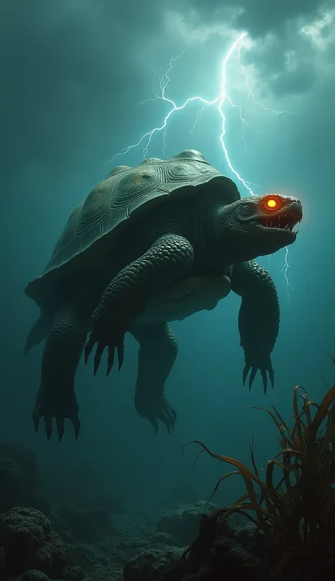 "In a dark, shadowy sea under a stormy, cloud-filled sky, a terrifying hybrid creature emerges—a monstrous fusion of a Galápagos tortoise and a goldfish, exuding an aura of menace. This nightmarish beast combines the massive, armored shell and thick limbs ...