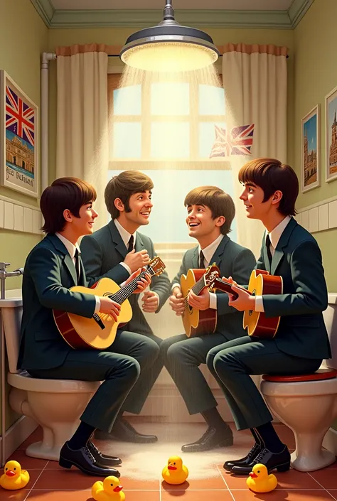 A banda the Beatles , in Disney Pixar style, Adults ,  under the shower , playing instruments and playing drums , inside the bathroom, with prints of England and rubber ducks on the floor and flag of England on the wall 
