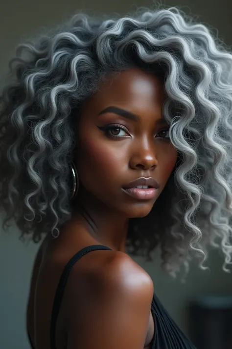 Black woman with sexy gray curly hair
