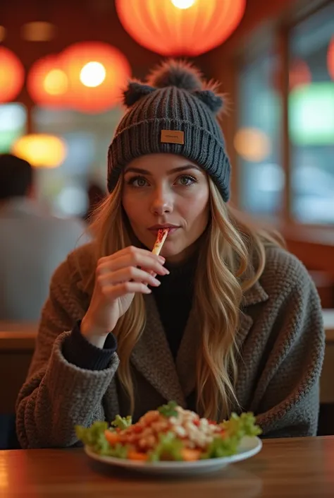 A woman at a snack bar eating a snack a x salad ultra realistic Brazilian style image wearing cold clothes