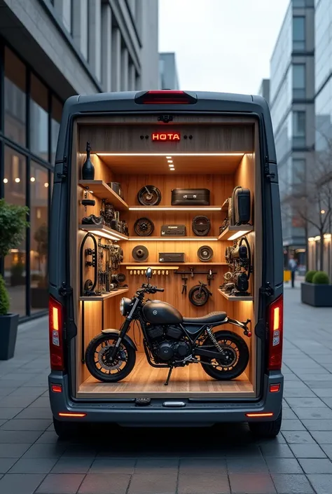 Create me a 2x3 van without chassis with motorcycle products and display without wheels 

