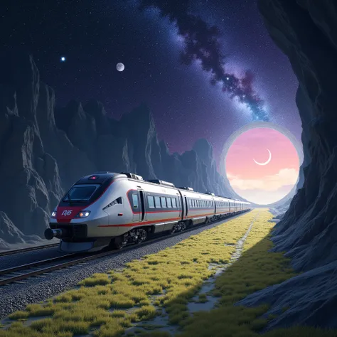 fantasy illustration art, ultra-modern train running through galaxy space, tunnel entrance that resembles black hole, gentle rural landscape after exiting the tunnel, seamlessly transitioning from space to rural scenery, train from another dimension, BREAK...