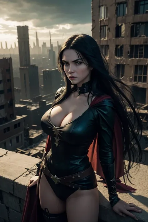 Apocalyptic cinematic shot of Snow White, Rockstar, gothic with very long hair and big green eyes but with very huge breasts, an avenging superhero watching the devastated city from the top of a building