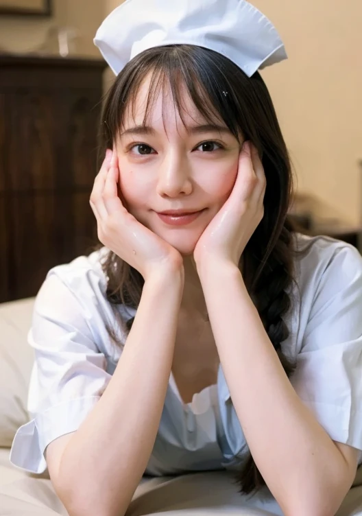 Skin color,    medium chest ,    Im fascinated by my natural body ,   wet hair   ,(( Bare skin without makeup )), ((   2 super long braids    :1.2)),  Very detailed nose  、Laugh a little , (8k,    RAW photo,   最高品質のmasterpiece  : 1.2), masterpiece,  super ...