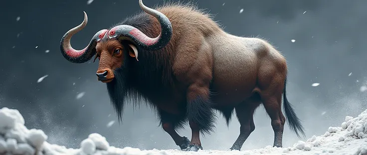 big fantasy Bovid creature. intricate horns, Black, red and white fur, Big Hairy Herbivore, Long Neck, Herd Animal, Tribal Fantasy, Farm Animal, Black And Red Snow, Black Snowy Background 