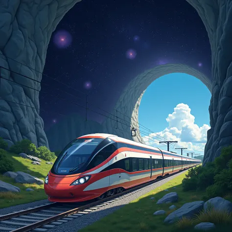 fantasy illustration art, ultra-modern train running through galaxy space, tunnel entrance that resembles black hole, gentle rural landscape after exiting the tunnel, seamlessly transitioning from space to rural scenery, train from another dimension, BREAK...