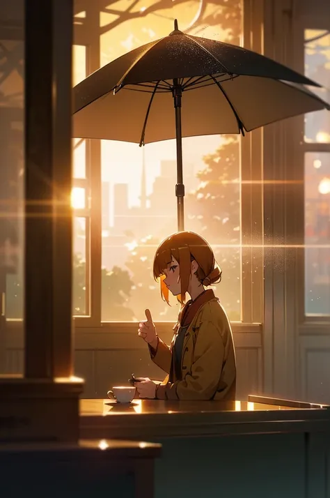 A relaxed cat sitting in a warm-lit café, rainy night, anime art style, soft bokeh effect, golden hour lighting streaming through windows, extremely detailed, cinematic composition. Orange and amber color palette, dust particles floating in light beams, sh...