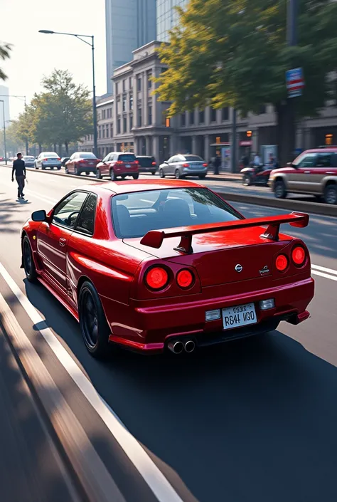 , create a picture of the car. A person is standing Nissan Skyline GTR34 red, license plate R34 tracks on the road, on a heavy road. (Let there be a beautiful shadow )