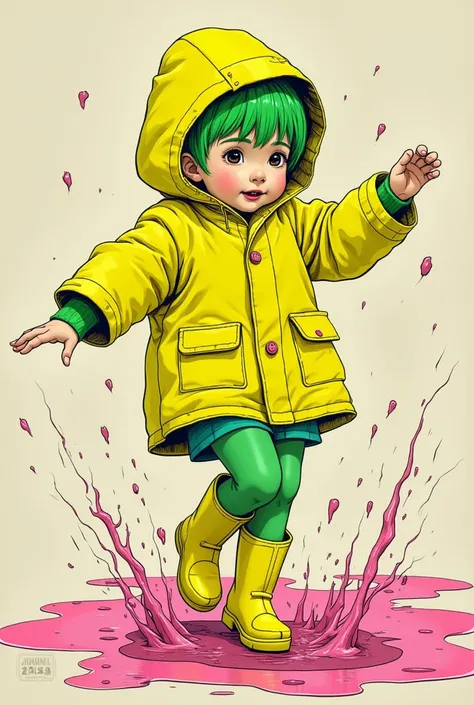 ((best quality)), ((masterpiece)), (detailed), perfect face of cyberpunk mecha japanese child wearing a rain boots , neon  yellow raincoat , neon green body, neon green hair, ((monochromatic neon pink, yellow, and green color palette)), surreal, art nouvea...