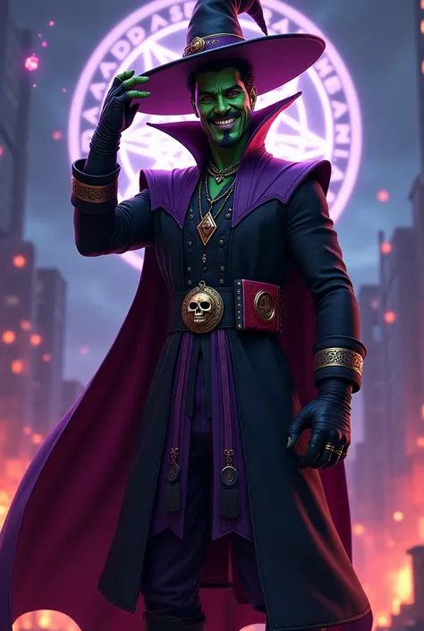 3d marvel artstyle, dr strange as a wicked wizard, evil smile, thick crooked eyebrows, green skinned, red viper eyes, tall, american, handsome, muscular, black dr strange stubble, short black neat dr strange hair, wearing tall black crooked wizard hat with...