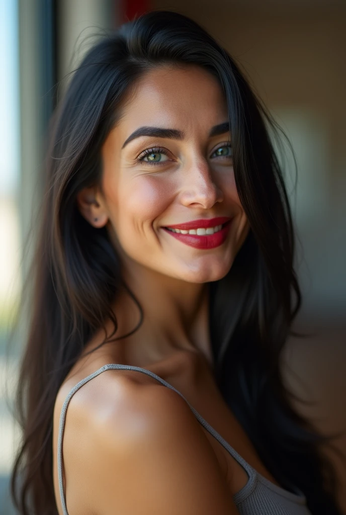 A hyper realistic photograph of a italian mature woman (40-45 years old) looking to the camera. Canon EOS R5, RF 50mm f/1.2L lens, shallow depth of field (f/2.0), soft natural lighting from large windows, vivid yet realistic colors, portrait photo. flirty ...