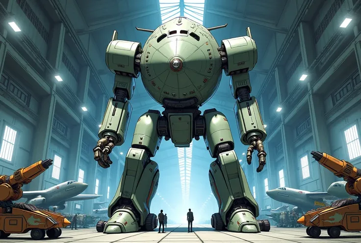 In the style of official Japanese manga art, a giant robot, transformed from an airship, stands inside a massive hangar at an airbase, undergoing maintenance. The robots body is primarily formed from the airships envelope, made of lightweight alloy, with t...