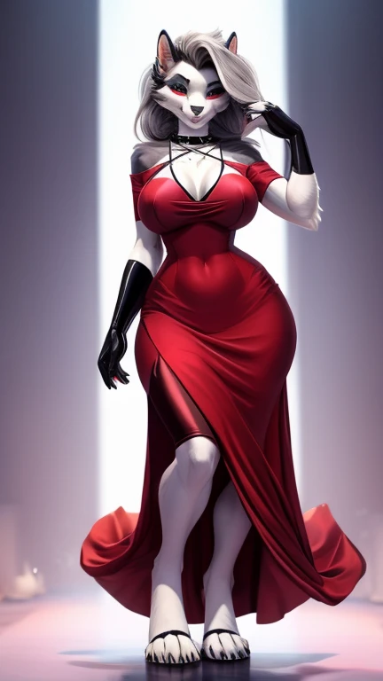  She wears a long and elegant red dress that fits her body ,  leaving her chest partially exposed in a sensual way . big breasts , The dress has a v-neck that reaches the navel and a simple design ,  but elegant .  She also wears long dark red gloves that ...